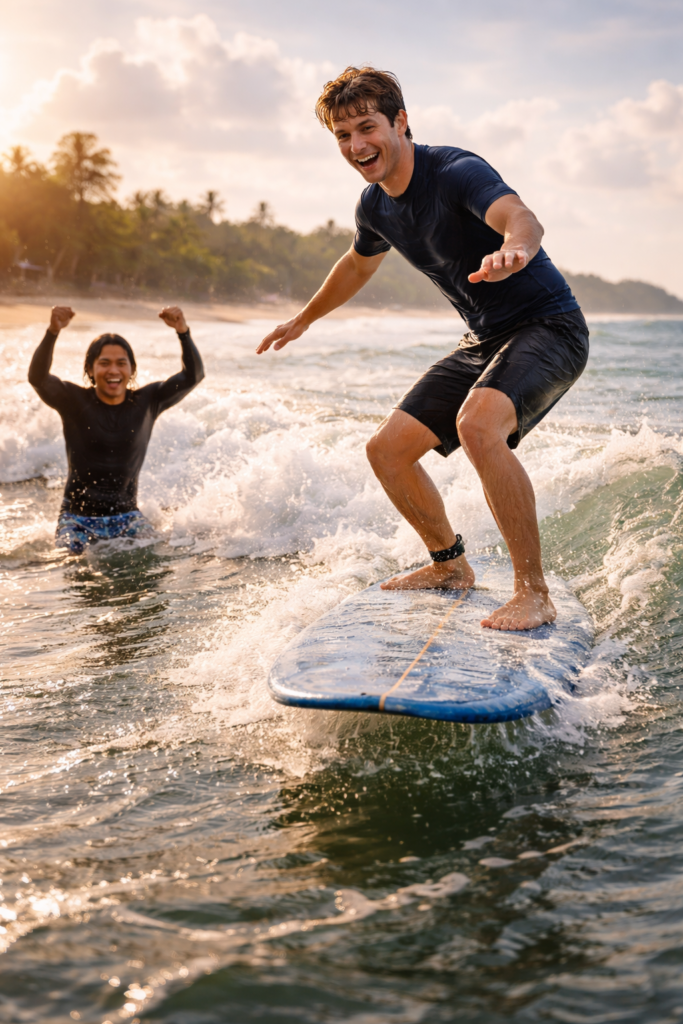 Surfer catches wave at Kuta Beach